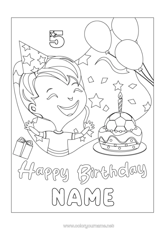 Colouring page to print Cake Football Football Sport Gifts Birthday Happy Birthday Message Customisable Age Celebrated Team Sports