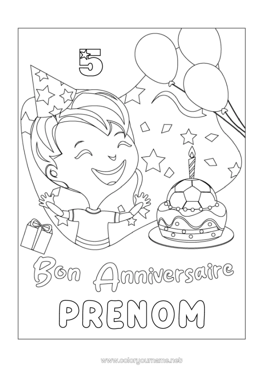 Coloriage à imprimer Gâteau Football Ballon de foot Cadeaux Anniversaire Joyeux anniversaire (français) Message Sports d'équipe