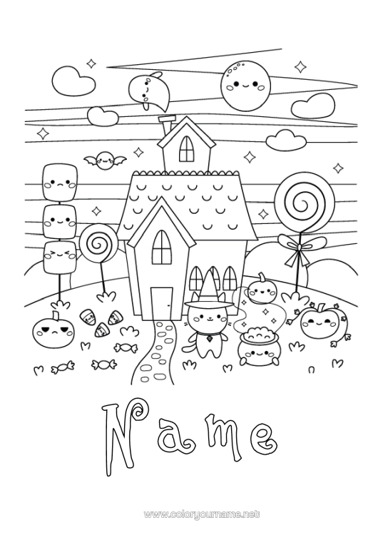 Colouring page to print Sweets Ghost Monster Cute Halloween Cute Treats, Sweets Haunted Manor Pacifier Marshmallows