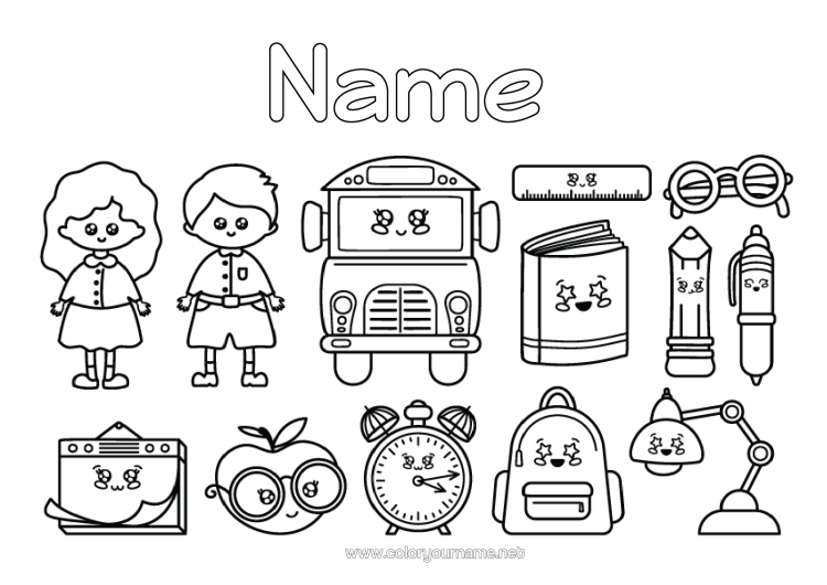 Colouring page to print Cute Bus, Car Symbols Land Public Transport School Bag Glasses Back To School Stationery Supplies Alarm Clock