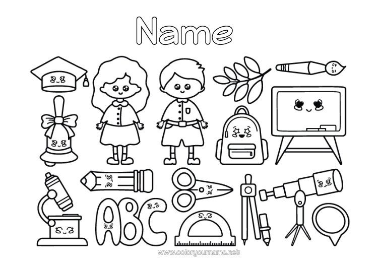 Colouring page to print Cute Bell Brush School Bag Back To School Classroom Board Stationery Supplies Rapporteur Microscope Compass Telescope