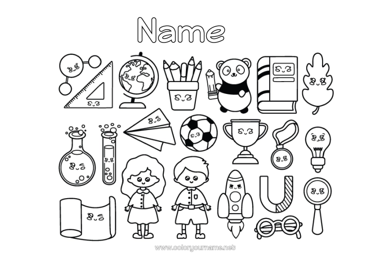 Coloring page to print Soccer ball Balloons Cup, trophy, medal Symbols Bulb Pencil Competitions and Rewards Back to School School supplies Square Magnifying glass