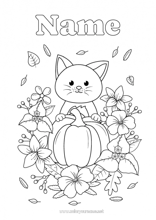 Coloring page to print Pumpkin Flowers Cat Leaves Dog and cat