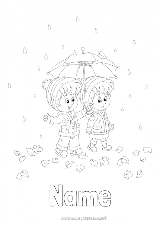 Coloring page to print Girl Boy Autumn Child Umbrella Rain