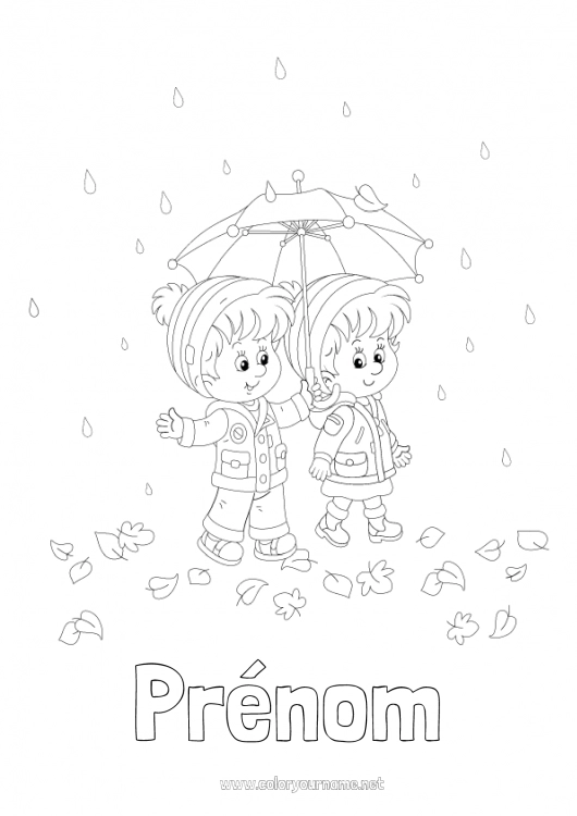 Coloriage à imprimer Fille Garçon Automne Enfant Parapluie Pluie