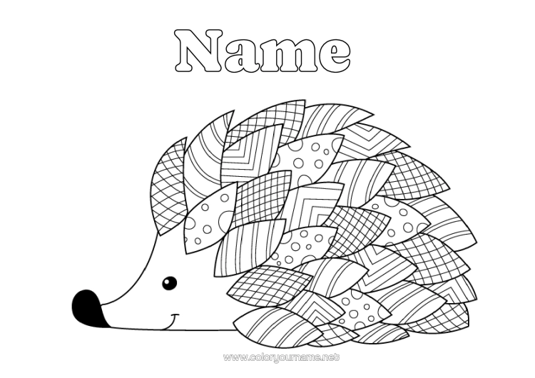 Colouring page to print Hedgehog Autumn Animal Leaves Zentangle Forest Animals
