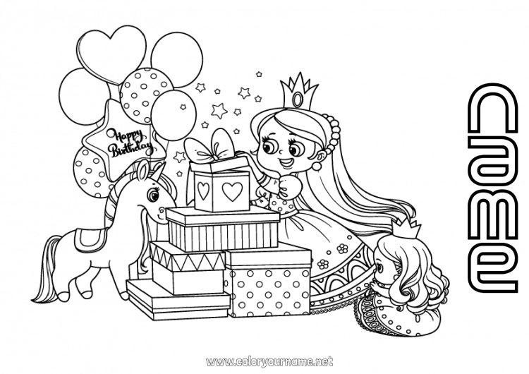 Coloring page to print Gifts Birthday Balloons Princess