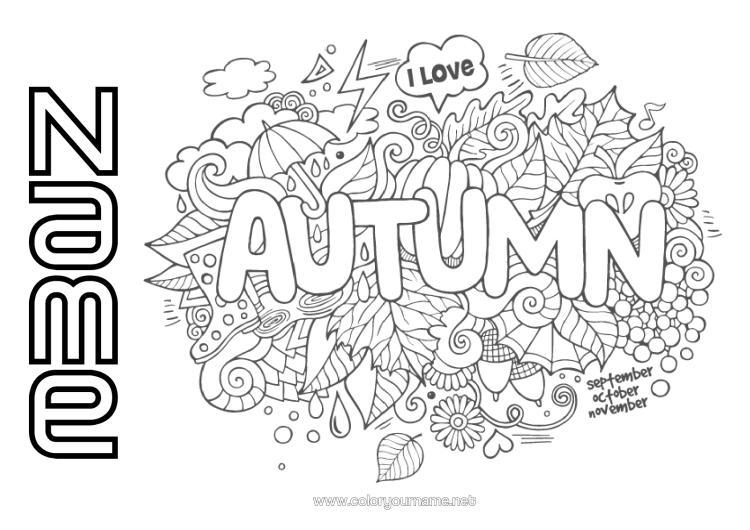 Colouring page to print Autumn Leaves Symbols Doodle