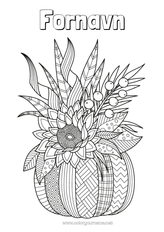 Fargeleggingssiden til utskrift Gresskar Blomster Høst Blader Solsikke Zentangle