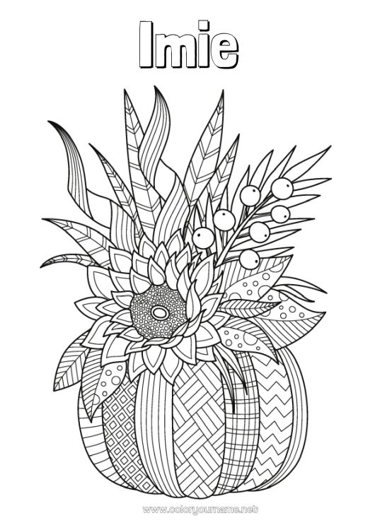 Kolorowanka do wydruku Dynia Kwiaty Jesień Liście Słonecznik Zentangle