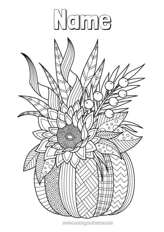 Colouring page to print Pumpkin Flowers Autumn Leaves Sunflower Zentangle