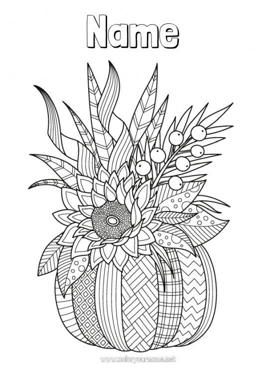 Coloring page to print Pumpkin Flowers Autumn Leaves Sunflower Zentangle