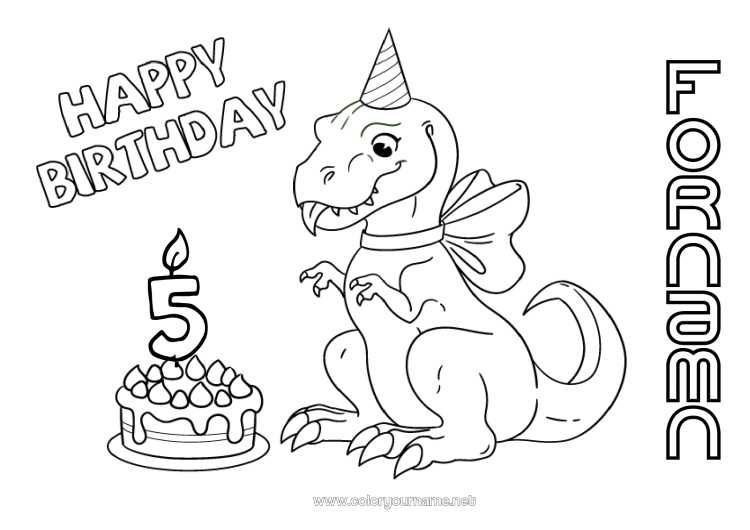 Färgläggningssida att skriva ut Ljus Kaka Födelsedag Dinosaurier Mellannivå färgläggningar Grattis på födelsedagen! Anpassningsbar ålder att fira
