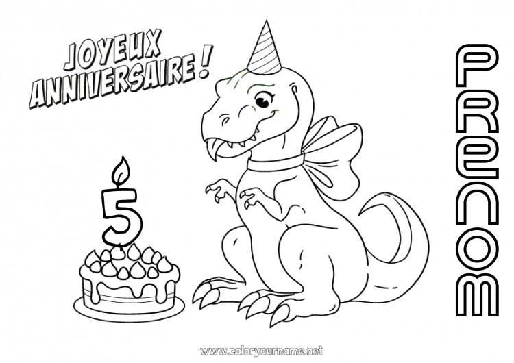 Coloriage à imprimer Bougie Gâteau Anniversaire Dinosaures Coloriages intermédiaires Joyeux anniversaire (français) Message Age fêté personnalisable