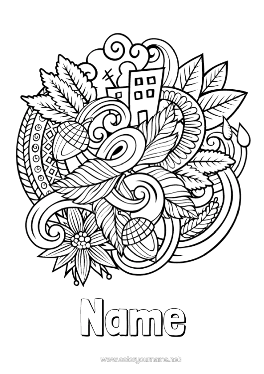 Colouring page to print Autumn Symbols Doodle Zentangle