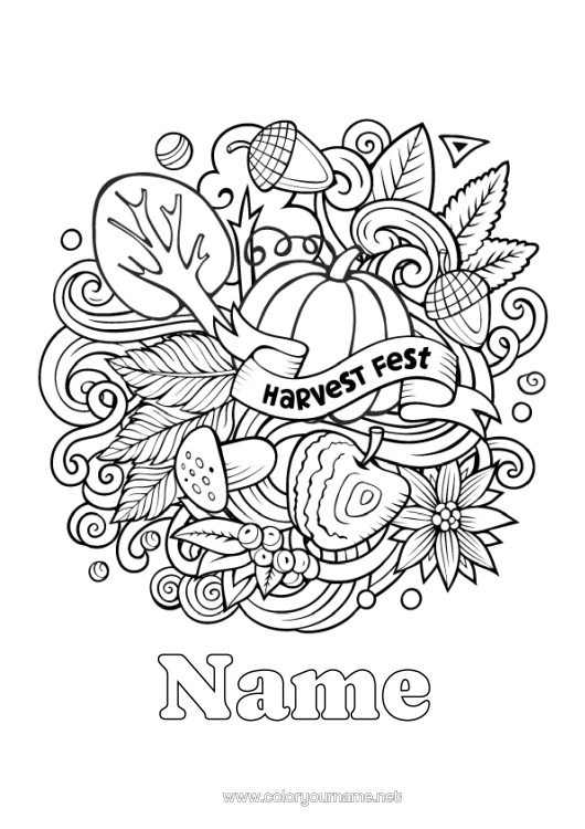 Colouring page to print Pumpkin Autumn Mushroom Symbols Gland Elderberry Harvest Festival