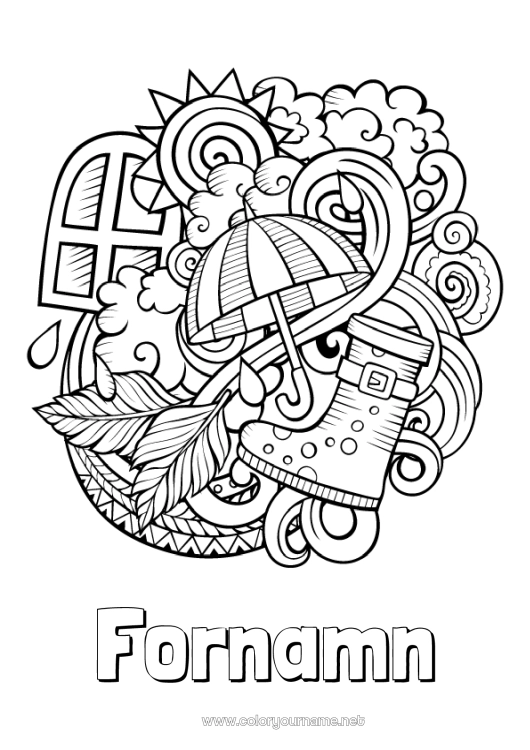 Färgläggningssida att skriva ut Höst Paraply Symboler Doodle Zentangle Stövlar