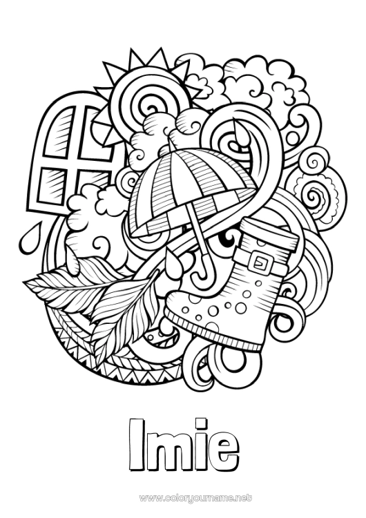 Kolorowanka do wydruku Jesień Parasol Symbole Doodle Zentangle Buty