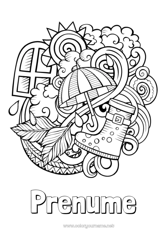 Pagină de colorat de imprimat Toamnă Umbrelă Simboluri Doodle Zentangle Cizme