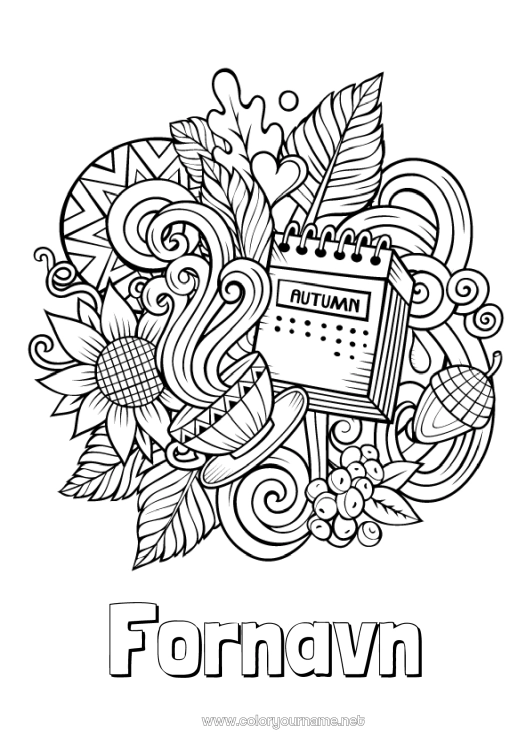 Farvelægningssiden til udskrivning Efterår Symboler Doodle Zentangle