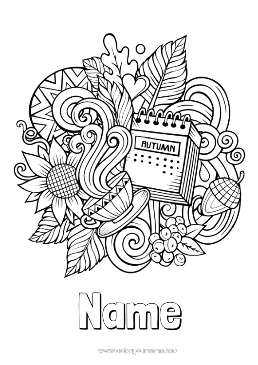 Colouring page to print Autumn Symbols Doodle Zentangle