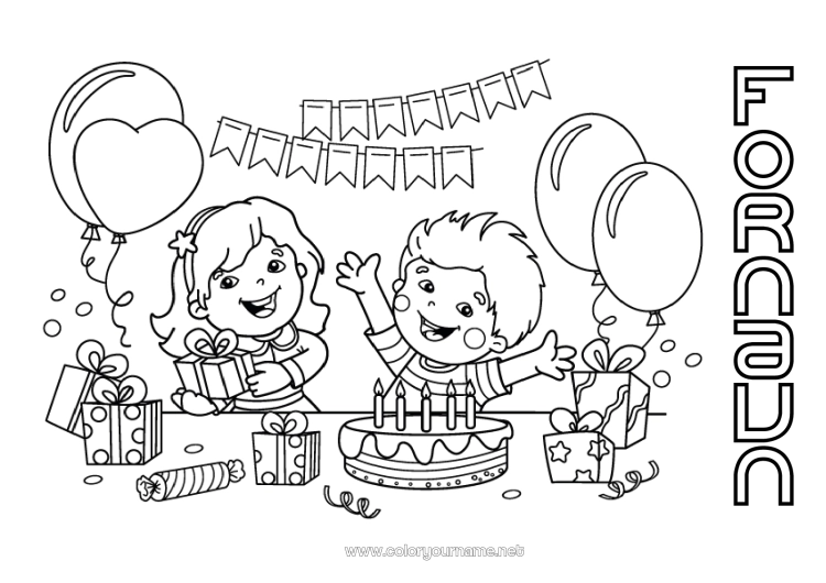 Farvelægningssiden til udskrivning Fødselsdag Balloner Fest Pige Dreng