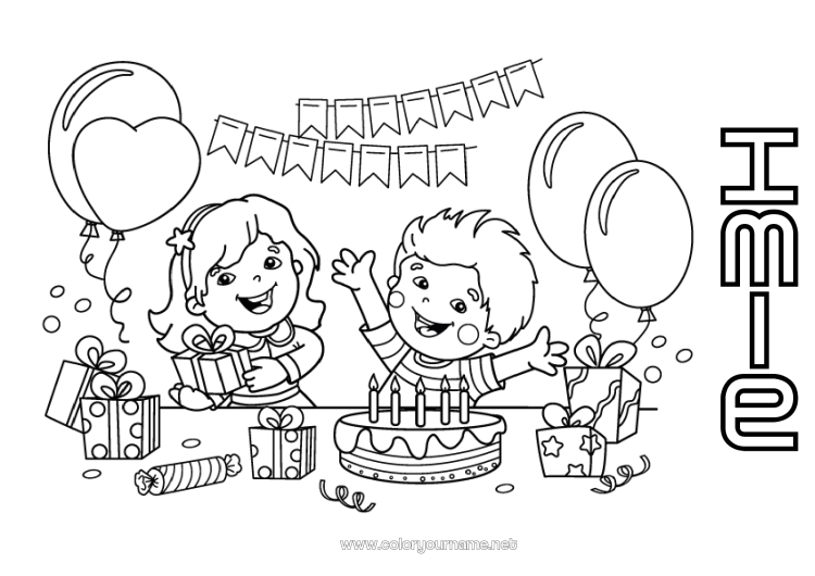 Kolorowanka do wydruku Urodziny Balony Impreza Dziewczyna Chłopiec
