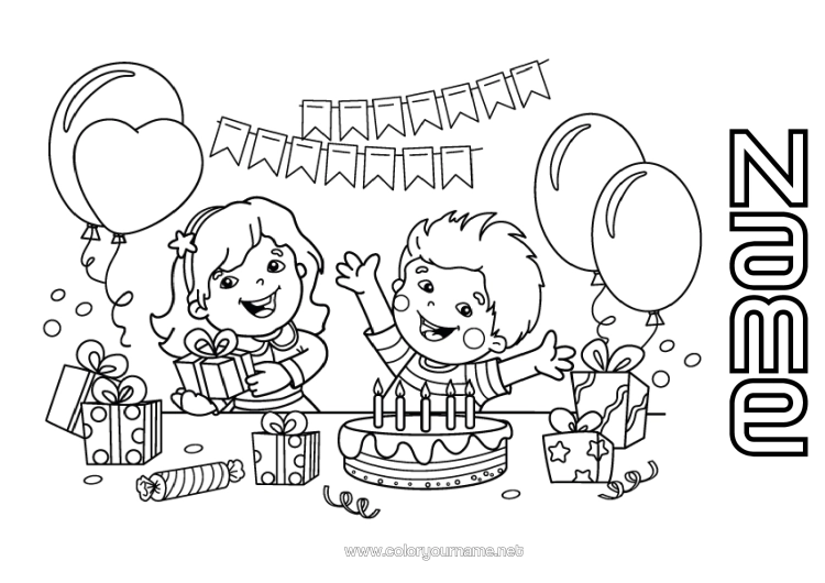 Colouring page to print Birthday Balloons Party Girl Boy