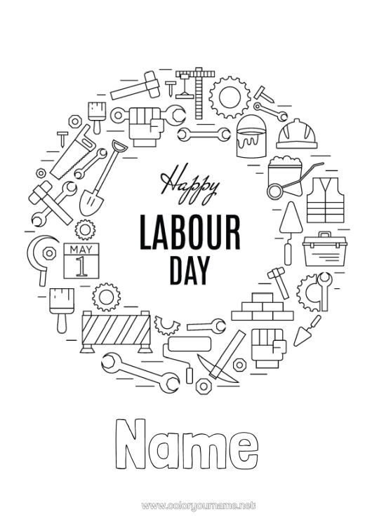 Colouring page to print 1St May Tools Labour Day