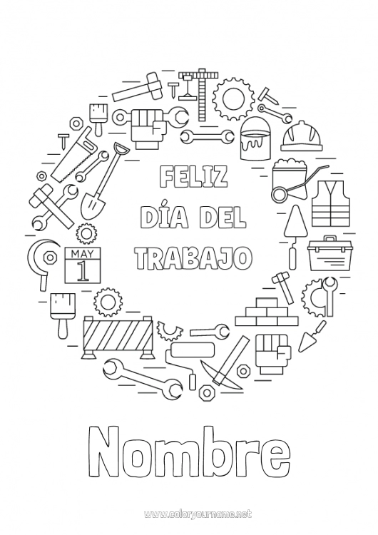 Dibujo para colorear para imprimir 1 de mayo Herramientas Día del Trabajo o Labor day