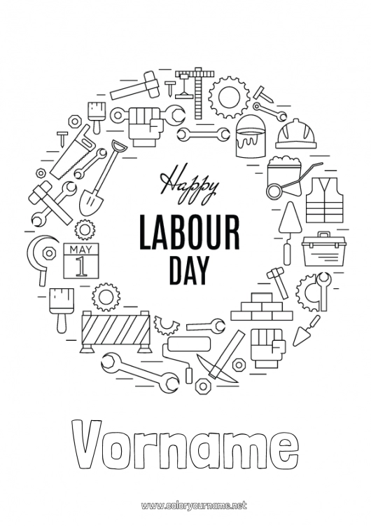 Malvorlage zum Ausdrucken 1. Mai Werkzeuge Labor Day oder Labour Day