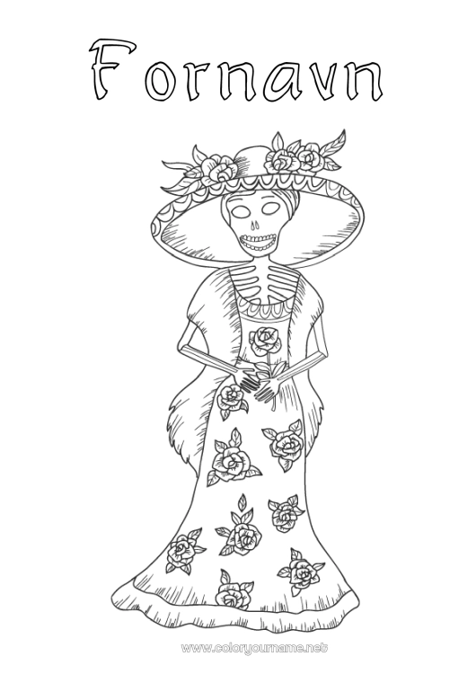 Farvelægningssiden til udskrivning Skelet Dødsdagene Carnival Catrina