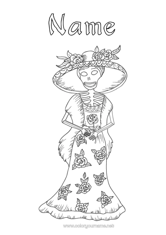 Colouring page to print Skeleton Day Of The Dead Carnival Catrina