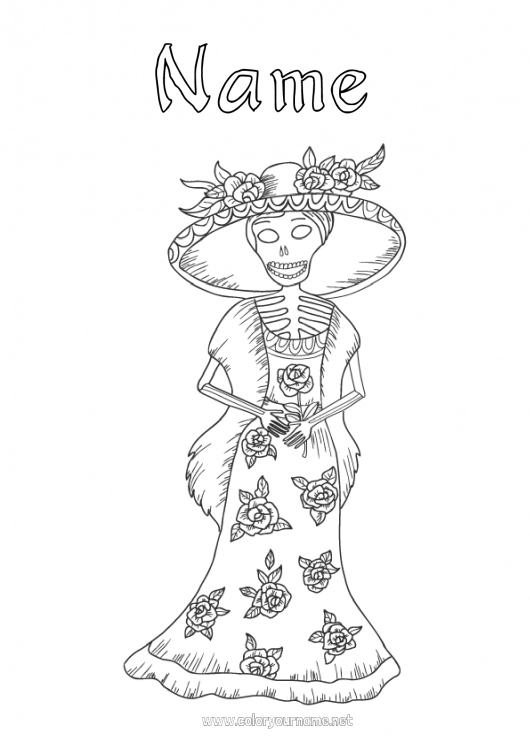 Coloring page to print Skeleton Día de los Muertos Carnival Catrina