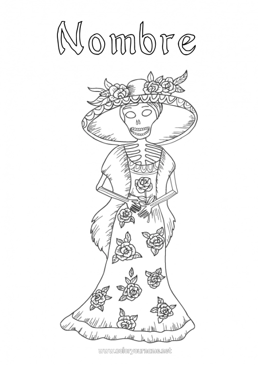 Dibujo para colorear para imprimir Esqueleto Día de los Muertos Carnaval Catrina