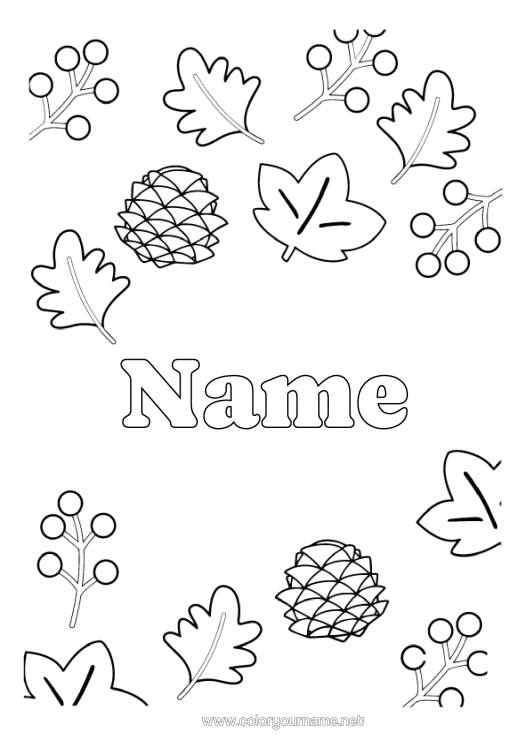 Colouring page to print Autumn Leaves Symbols Pine Cone Elderberry