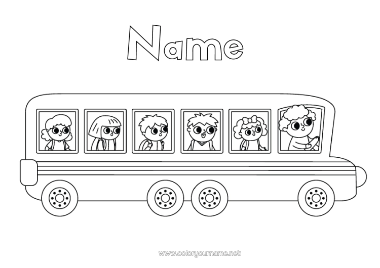Colouring page to print Vehicles Bus, Car Land Public Transport Back To School Pupil
