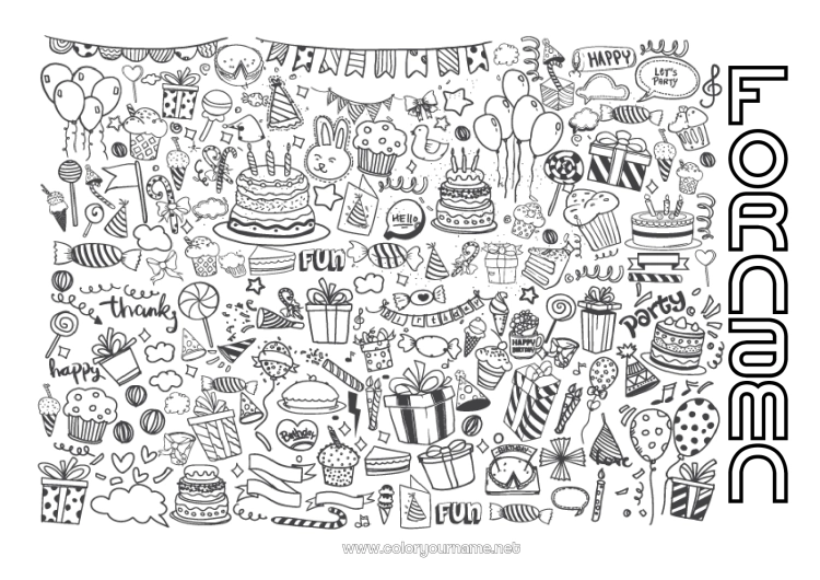 Färgläggningssida att skriva ut Födelsedag Symboler Komplexa målarbilder