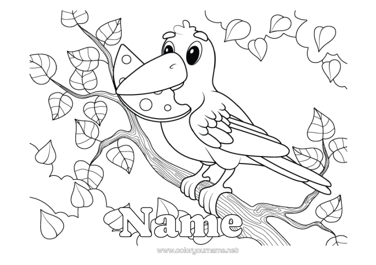Colouring page to print Bird Fox Children's Activities Animal Fairy Tale Birds And Flying Mammals Forest Animals Raven Cheese