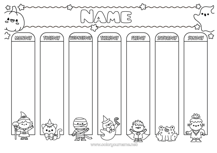 Colouring page to print Vampire Ghost Monster Mummy Witch Halloween Children's Activities Calendars And Planners.