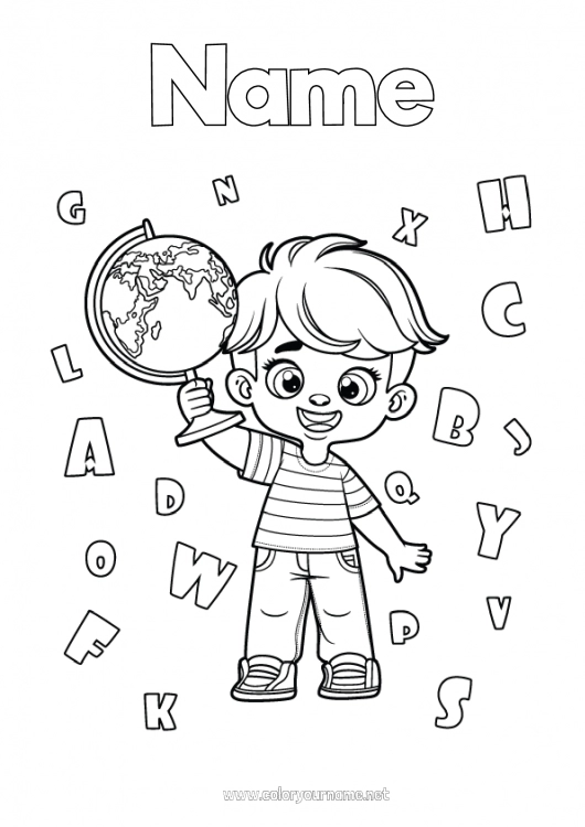 Coloring page to print Boy World globe Student Alphabet letter