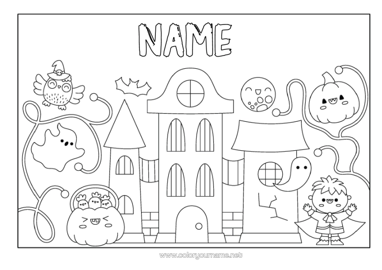Colouring page to print Ghost Pumpkin Haunted Manor
