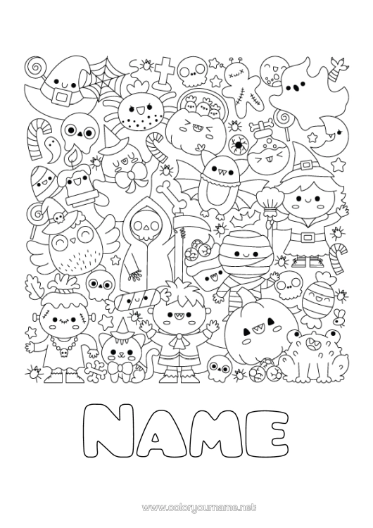 Colouring page to print Ghost Mummy Pumpkin Skeleton Witch Black Cat Halloween Cute Jack O'lantern Symbols Complex Colouring Pages