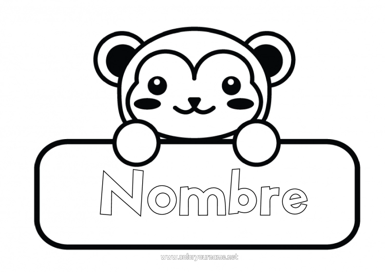 Dibujo para colorear para imprimir Kawaii Animales Mono Animales salvajes de África Etiquetas