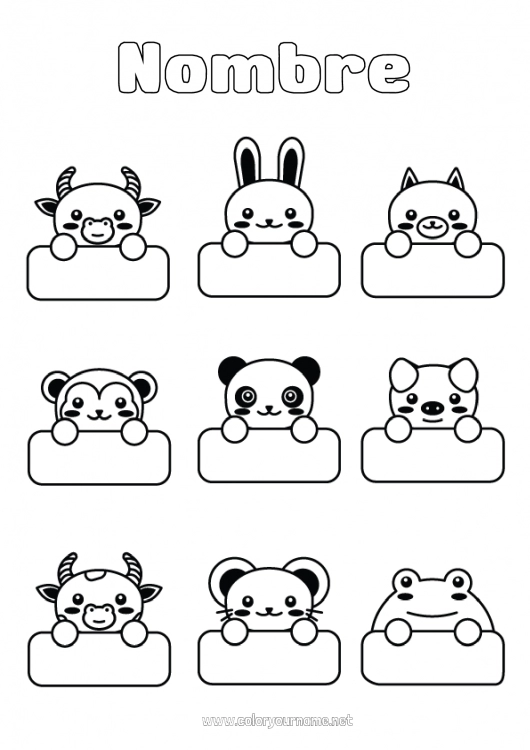Dibujo para colorear para imprimir Kawaii Animales Etiquetas