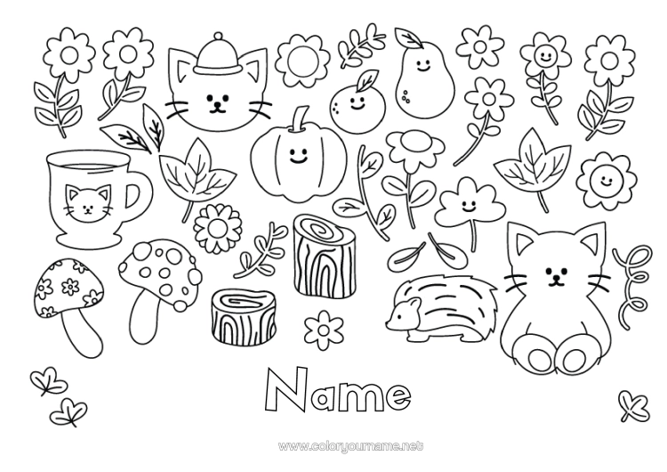 Colouring page to print Pumpkin Cat Hedgehog Autumn Mug Mushroom Drink Symbols Dogs And Cats Forest Animals