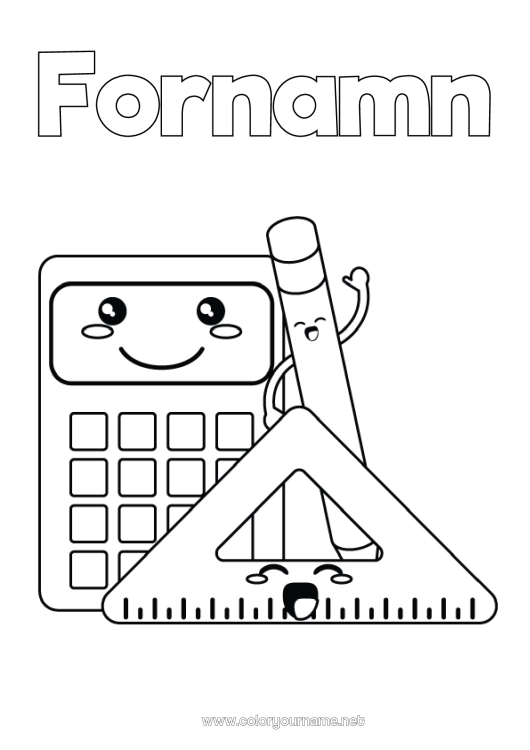 Färgläggningssida att skriva ut Söt Blyertspenna Skolmaterial Vinkelmått Kalkylator Matematik