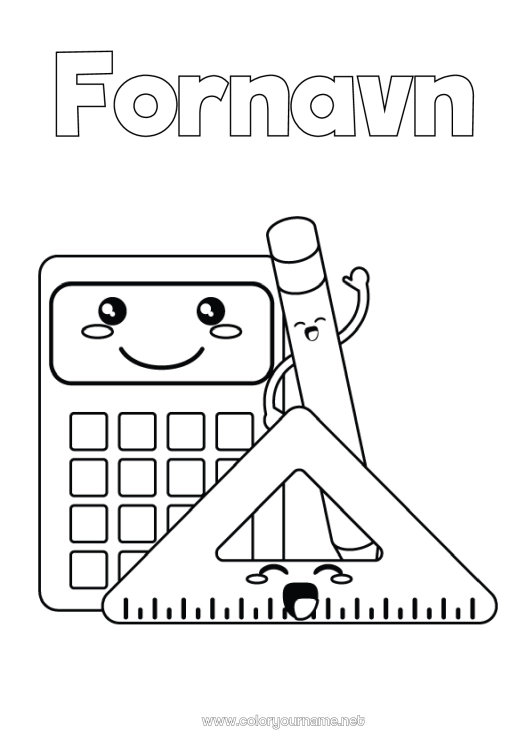 Farvelægningssiden til udskrivning Kawaii Blyant Skoleartikler Vinkelmåler Lommeregner Matematik