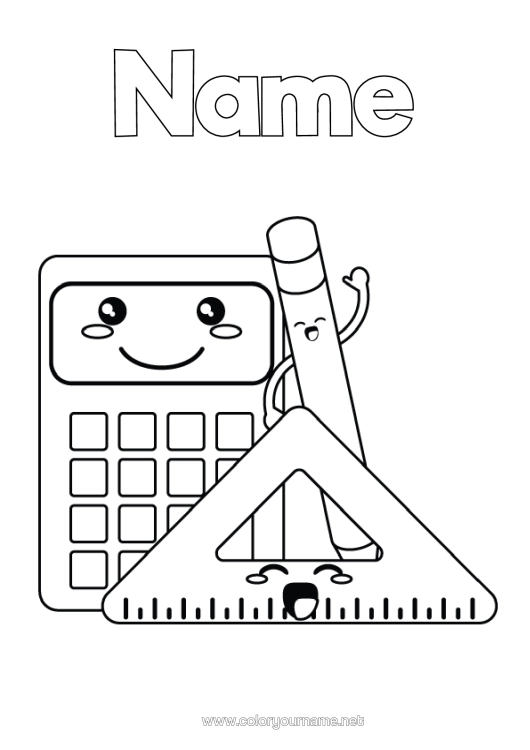 Colouring page to print Cute Pencil Stationery Supplies Square Calculator Mathematics