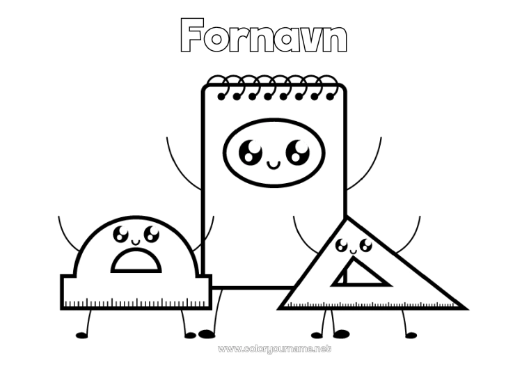 Farvelægningssiden til udskrivning Kawaii Skoleartikler Vinkelmåler Ordfører Matematik